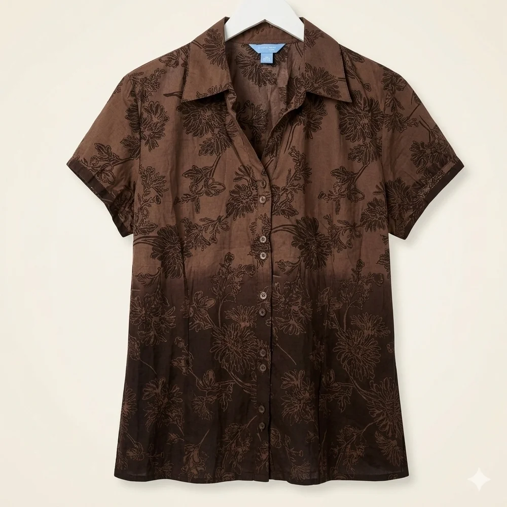 Denver Hayes XL Brown Floral Button-Down Blouse Botanical Nature Cottagecore - Picture 1 of 15